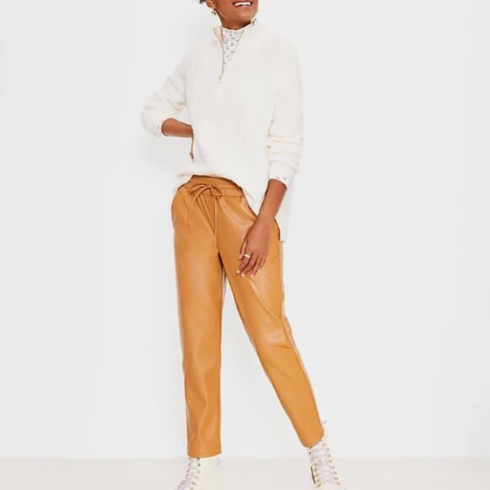 Loft Caramel Pull On Slim Pants in Faux Leather Size Small Tall NWT